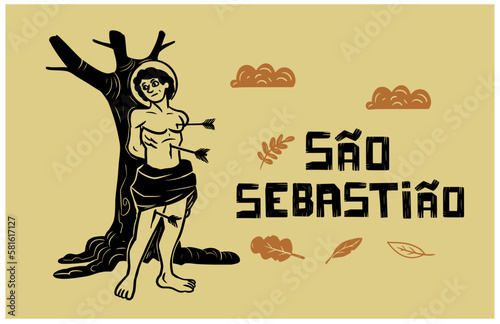 San Sebastian. Figurine of the Catholic Church. woodcut style