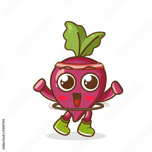 cute beetroot cartoon is playing hula hoop. beetroot rotates the hula hoop on white background. Sport concept.