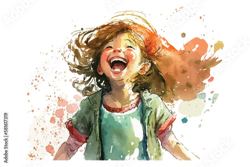 Happy Girl Illustration Vector, Digital Watercolor Painting Style Graphic Design.