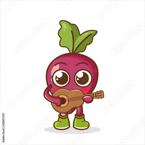 beetroot fruit character mascot playing guitar isolated cartoon in flat style design.