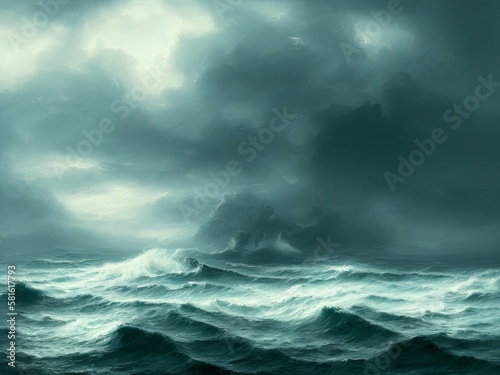 Majestic Ocean Waves with Mysterious Dark Clouds  Designed with the help of AI