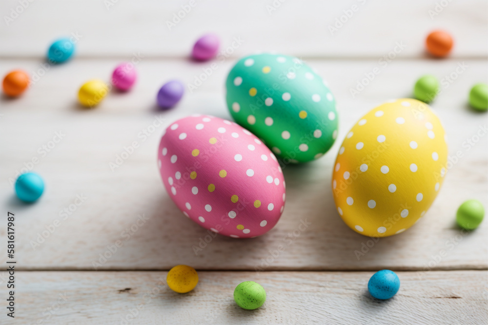 Beautiful colorful easter eggs on white wooden background