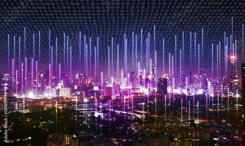 A city covered by binary code with cellular signal everywhere sending into the network. Wireless network and Connection technology concept photo