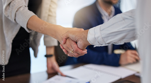 B2b, shaking hands and thank you handshake of a corporate worker in a office. Business deal, partnership and we are hiring gesture with a female hr manager ready for onboarding welcome with trust photo
