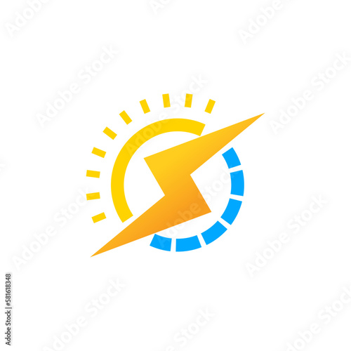 Solar energy logo design. combination of sun, electric flash and solar panel in circle.