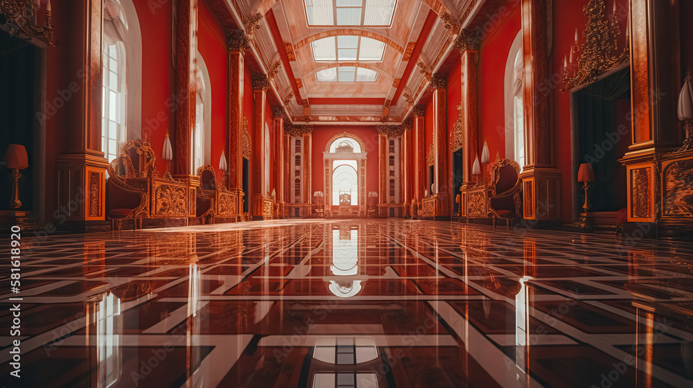 A realistic fantasy interior of the royal palace. Red golden palace. castle  interior. Fiction Backdrop. concept art. digital ai art Stock Illustration  | Adobe Stock