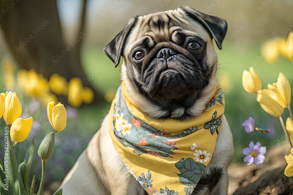 Cute Pug wearing a yellow scarf exploring a lush garden, generative AI