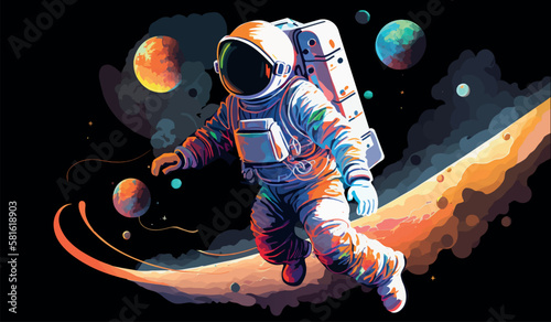 Astronaut explores space being desert planet. Astronaut space suit performing extra cosmic activity space against stars and planets background. Human space flight. Modern vector illustration