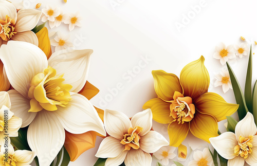 Daffodils on white background, artistic spring flowers, generative AI digital illustration