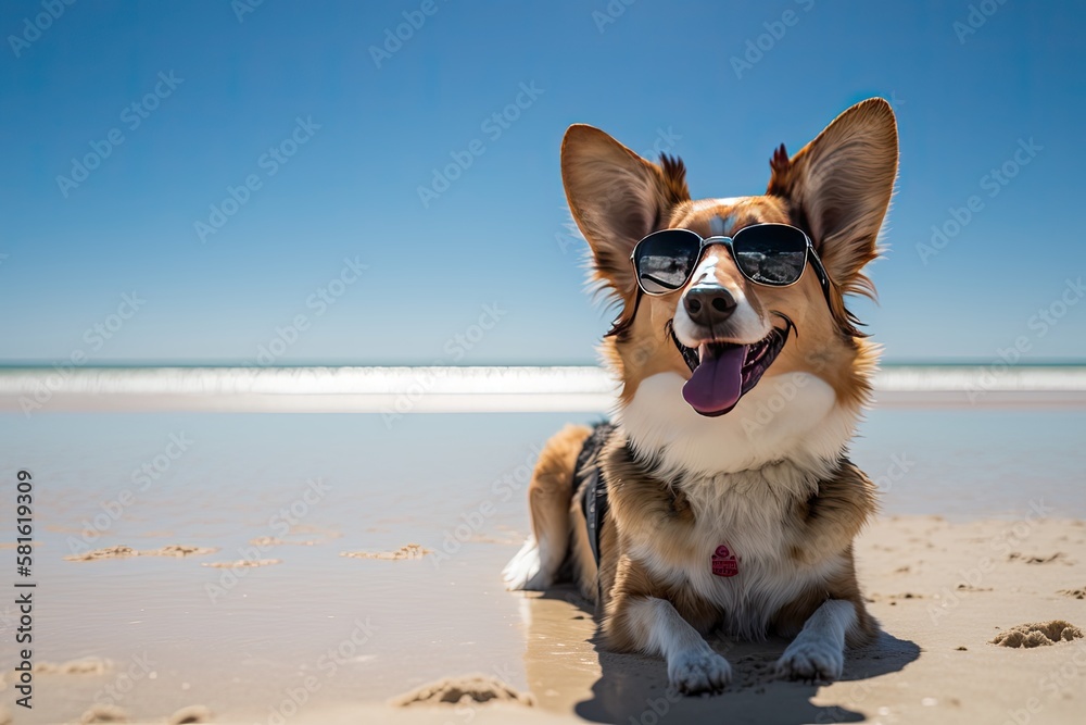 Relaxed Dog in Classic Aviator Sunglasses Strolling by the Beach, generative AI