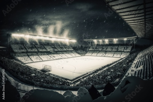 Snowy Football Stadium with Players and Fans Braving the Cold, generative AI