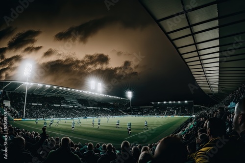 Exciting Nighttime Football Action with Floodlit Stadium and Packed Stands, generative AI
