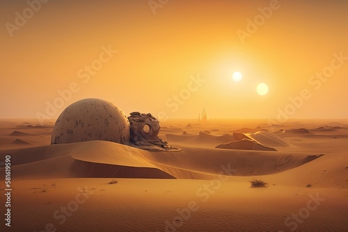 A distant desert planet with double sunsets in the dune sea