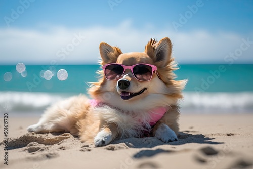 Fluffy Canine Enjoying Sun and Waves, generative AI © Gabriel