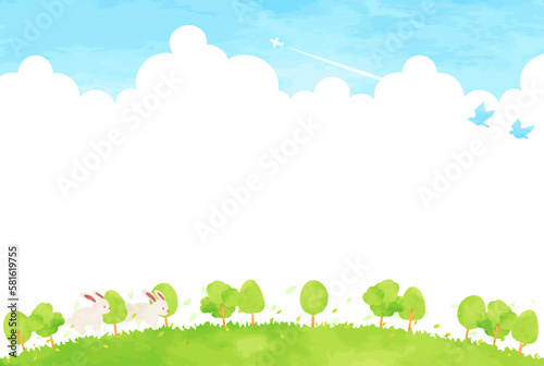 可愛いウサギと緑の風景イラスト
