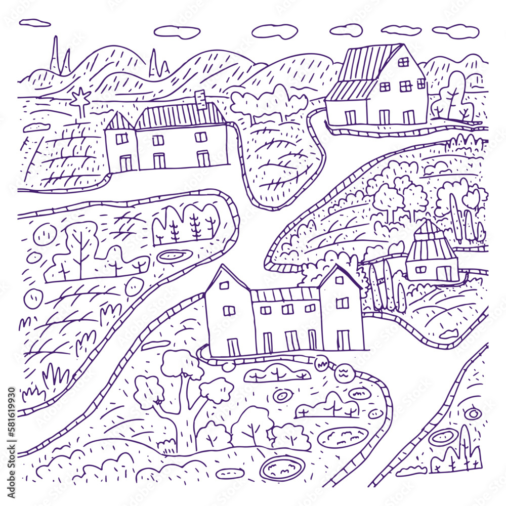 Village doodle map hand drawn