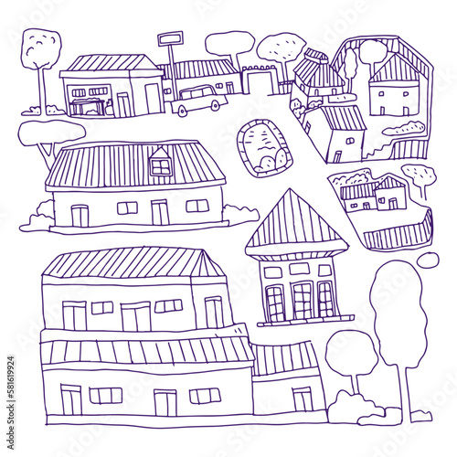 Village doodle map hand drawn