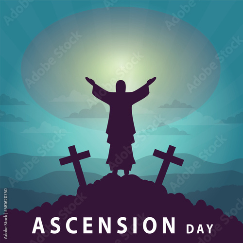 ascension day with illustration of jesus statue on tosca blue background