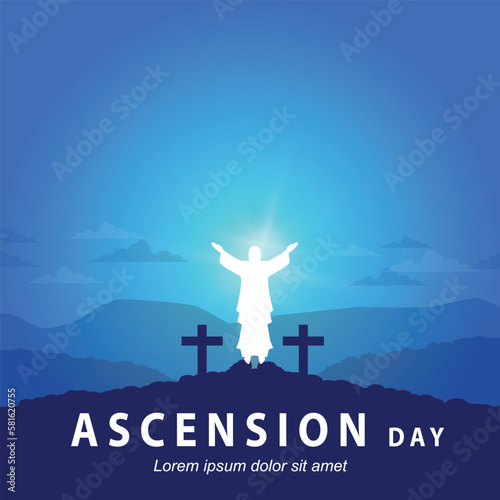 ascension day with illustration of jesus statue with white light and blue sky background