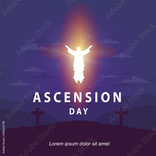 ascension day with illustration of jesus statue with white light and purple sky background