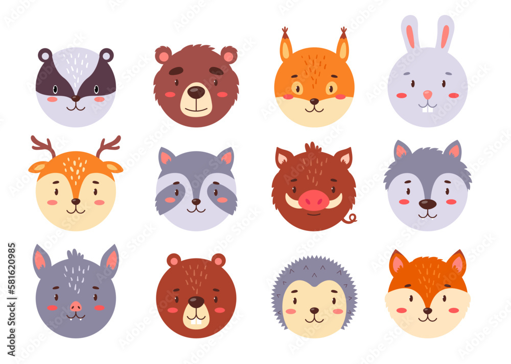 Circle animal faces set for UI or mobile application. Cute kawaii avatars collection for kids game, simple head icons in bright color, flat vector illustration isolated on white background.