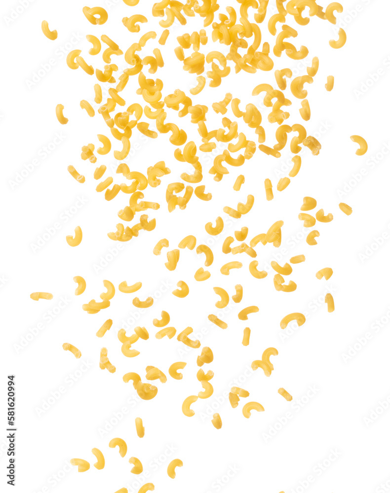 Macaroni fall down in group, yellow macaronis pasta float explode, abstract cloud fly. Curved macaroni pasta splash throwing in Air. White background Isolated high speed shutter, freeze motion