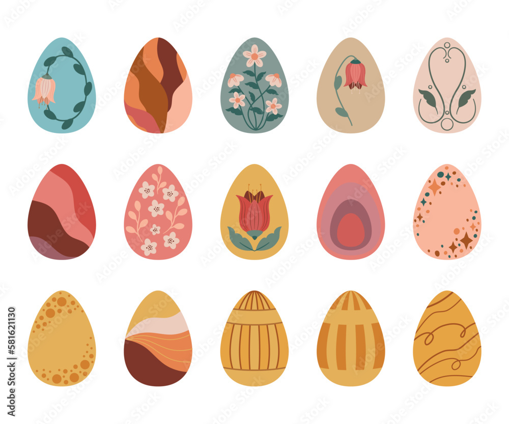 Świąteczne jajka, ozdobne pisanki. Zestaw kolorowych jajek wielkanocnych. Ilustracje wektorowe na Wielkanoc. - obrazy, fototapety, plakaty 