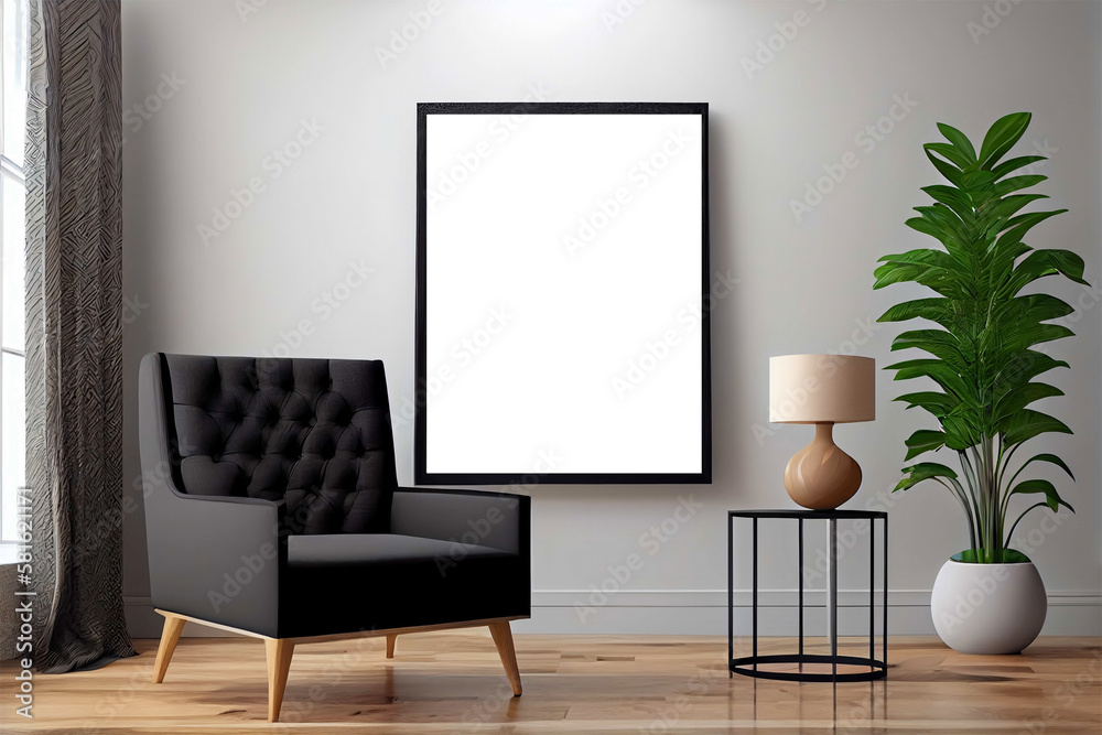 Interior frame mockup, picture poster wall art mock up at home in Scandinavian minimalistic style. Generative AI Interior frame mockup, picture poster wall art mock up at home in Scandinavian minimalistic style. Generative AI