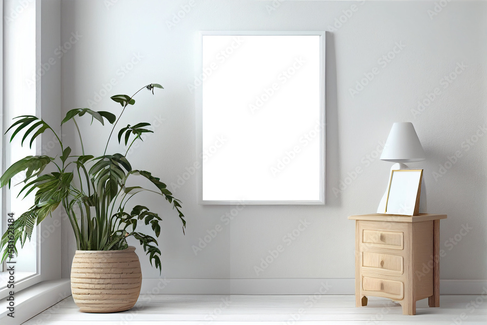 Interior frame mockup, picture poster wall art mock up at home in Scandinavian minimalistic style. Generative AI Interior frame mockup, picture poster wall art mock up at home in Scandinavian minimalistic style. Generative AI