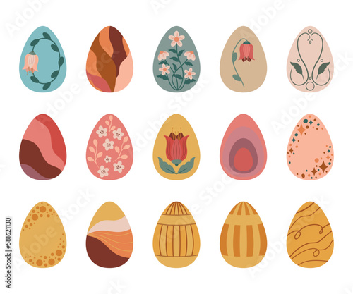 Świąteczne jajka, ozdobne pisanki. Zestaw kolorowych jajek wielkanocnych. Ilustracje wektorowe na Wielkanoc.