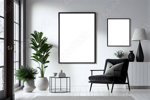 Interior frame mockup  picture poster wall art mock up at home in Scandinavian minimalistic style. Generative AI