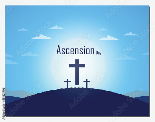 Ascension of Jesus in the morning with the symbol of the cross and the big sun