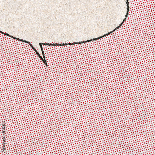 Vintage comic book page with red dot printing pattern and empty speech bubble on paper texture background