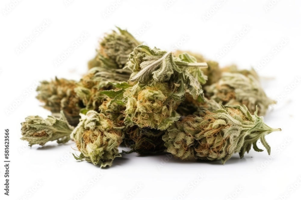 Heap of organic marijuana buds on white background. Generative AI Heap of organic marijuana buds on white background. Generative AI