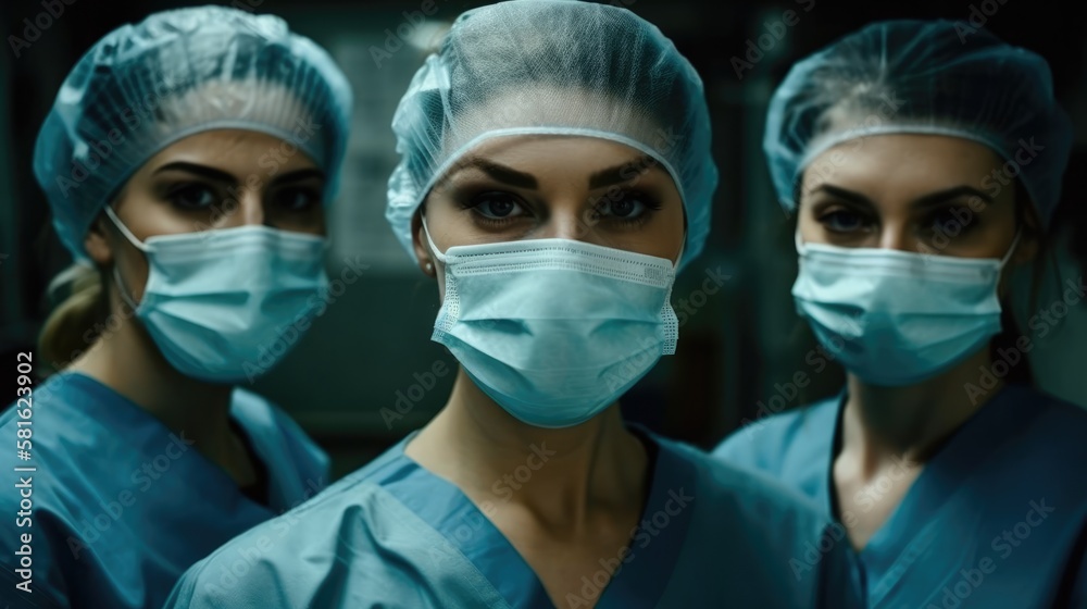 Three serious female healthcare workers wearing a protective face mask looking at the camera. Generative AI