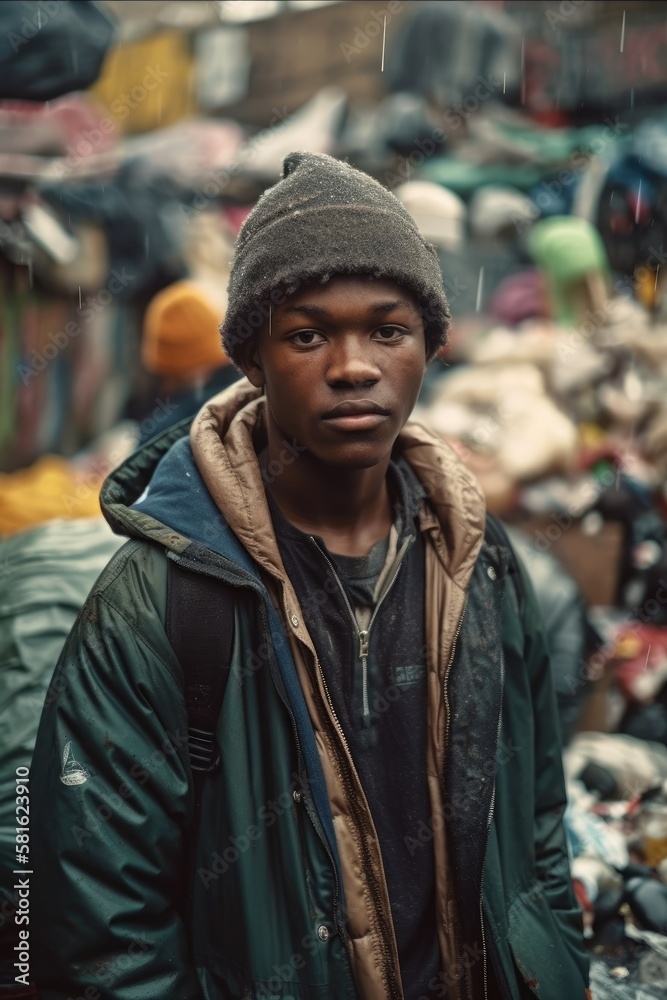 Serious Black Child posing in a third world country public dump looking at the camera. Generative AI