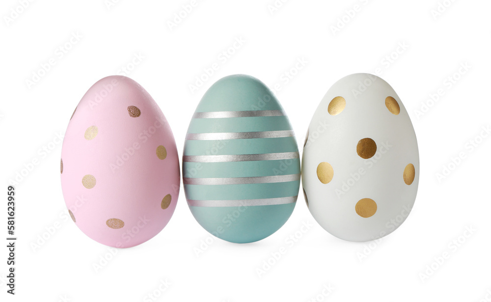 Many decorated Easter eggs isolated on white