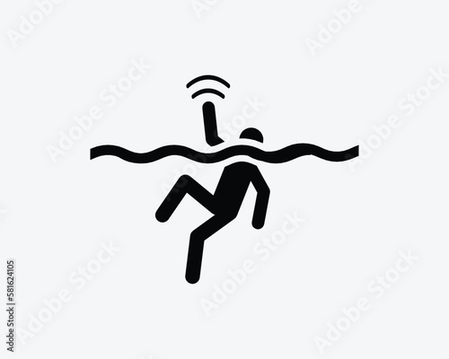 Drowning Icon Person Drown Drowned Man Calling Wave for Help Black White Silhouette Symbol Sign Graphic Clipart Artwork Illustration Pictogram Vector