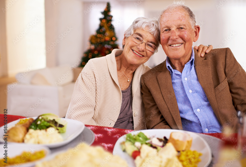 Good food and even better company make Christmas joyous. Portrait of an affectionate senior couple on Christmas day.
