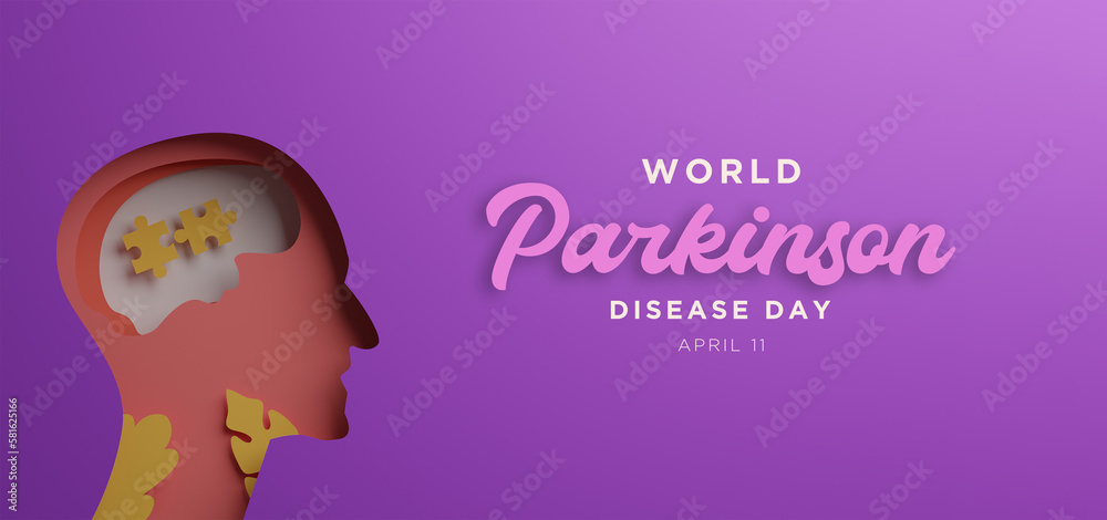 World Parkinson disease Day poster with silhouettes of human  faces in paper cut and copy space. Alzheimer's Disease. mental health. brain cancer. down syndrome 3d render illustration.