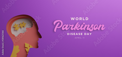 World Parkinson disease Day poster with silhouettes of human  faces in paper cut and copy space. Alzheimer's Disease. mental health. brain cancer. down syndrome 3d render illustration. © Uswaka Studio