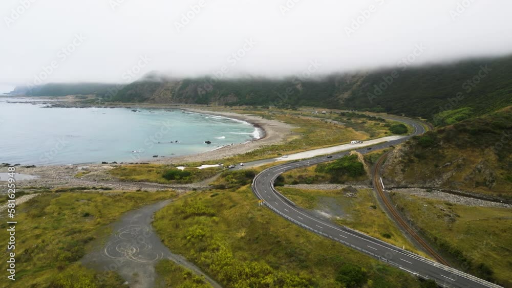 New Zealand State Highway by paradise Okiwi Bay Beach on Kaikuora coast, aerial New Zealand State Highway by paradise Okiwi Bay Beach on Kaikuora coast, aerial