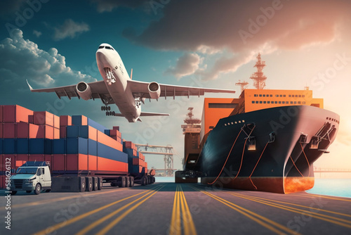 Transportation and logistics of a container cargo ship and cargo plane, Generative AI