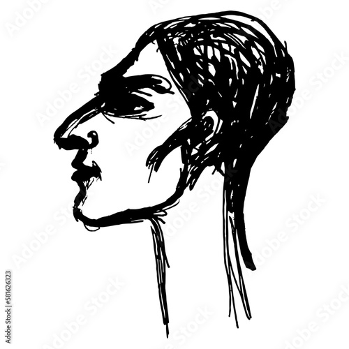 Head of a young man. Male portrait in profile. Hand drawn linear doodle rough sketch. Black silhouette on white background.