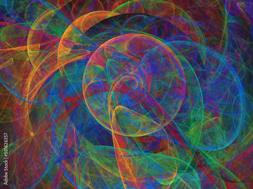 Imagen de arte imaginario digital compuesta de círculos incompletos difuminados en colores etéreos que muestra la creación defectuosa de anillos luminosos. photo