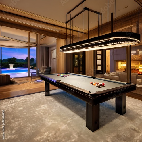 A living room with a pool table, making it the perfect space for a game night2, Generative AI © Ai.Art.Creations