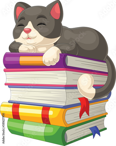 Cute cat cartoon sleeping on pile of books