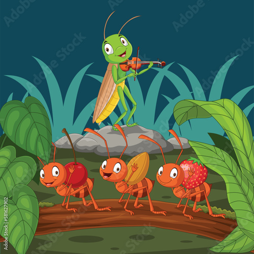 Cartoon ant and grasshopper in the garden