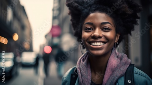 Cheerful black woman on street. Generative AI © Adriana