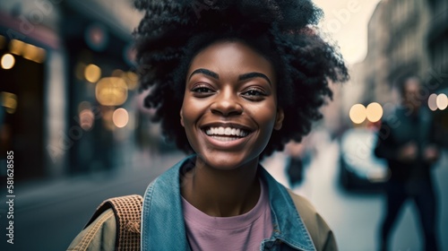 Cheerful black woman on street. Generative AI © Adriana
